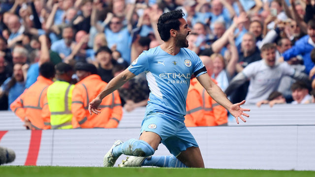 MANCHESTER, ENGLAND - MAY 22: Ilkay Guendogan of Manchester City celebrates after scoring their team's third goal during the Premier League match between Manchester City and Aston Villa at Etihad Stadium on May 22, 2022 in Manchester, England.