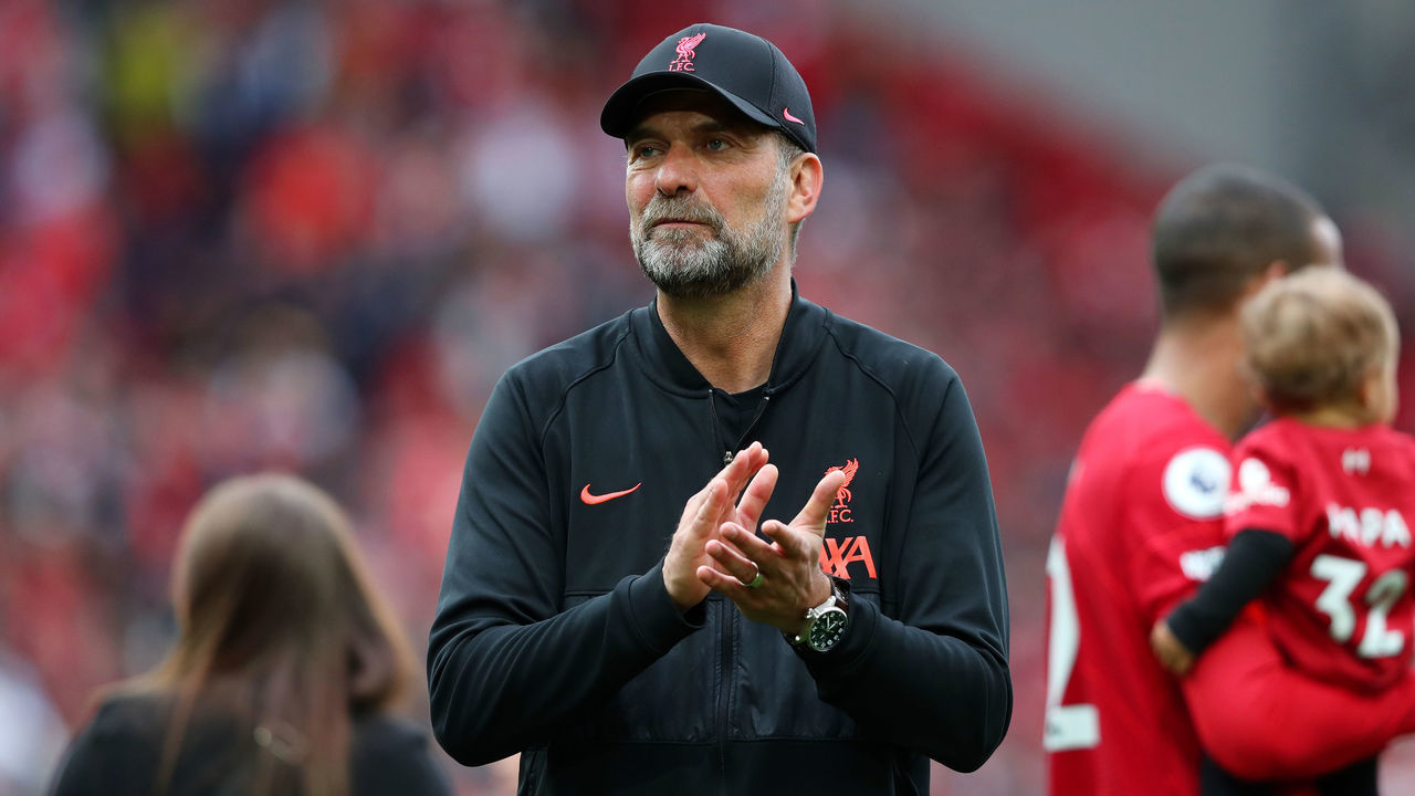 LIVERPOOL, ENGLAND - MAY 22: Jurgen Klopp, Manager of Liverpool applauds the fans following the Premier League match between Liverpool and Wolverhampton Wanderers at Anfield on May 22, 2022 in Liverpool, England.