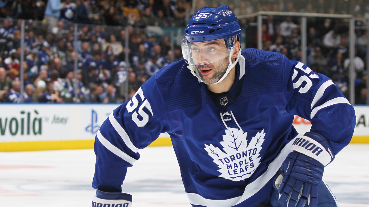 TORONTO, ON - APRIL 29: Mark Giordano #55 of the Toronto Maple Leafs skates against the Boston Bruins during an NHL game at Scotiabank Arena on April 29, 2022 in Toronto, Ontario, Canada. The Maple Leafs defeated the Bruins 5-2.