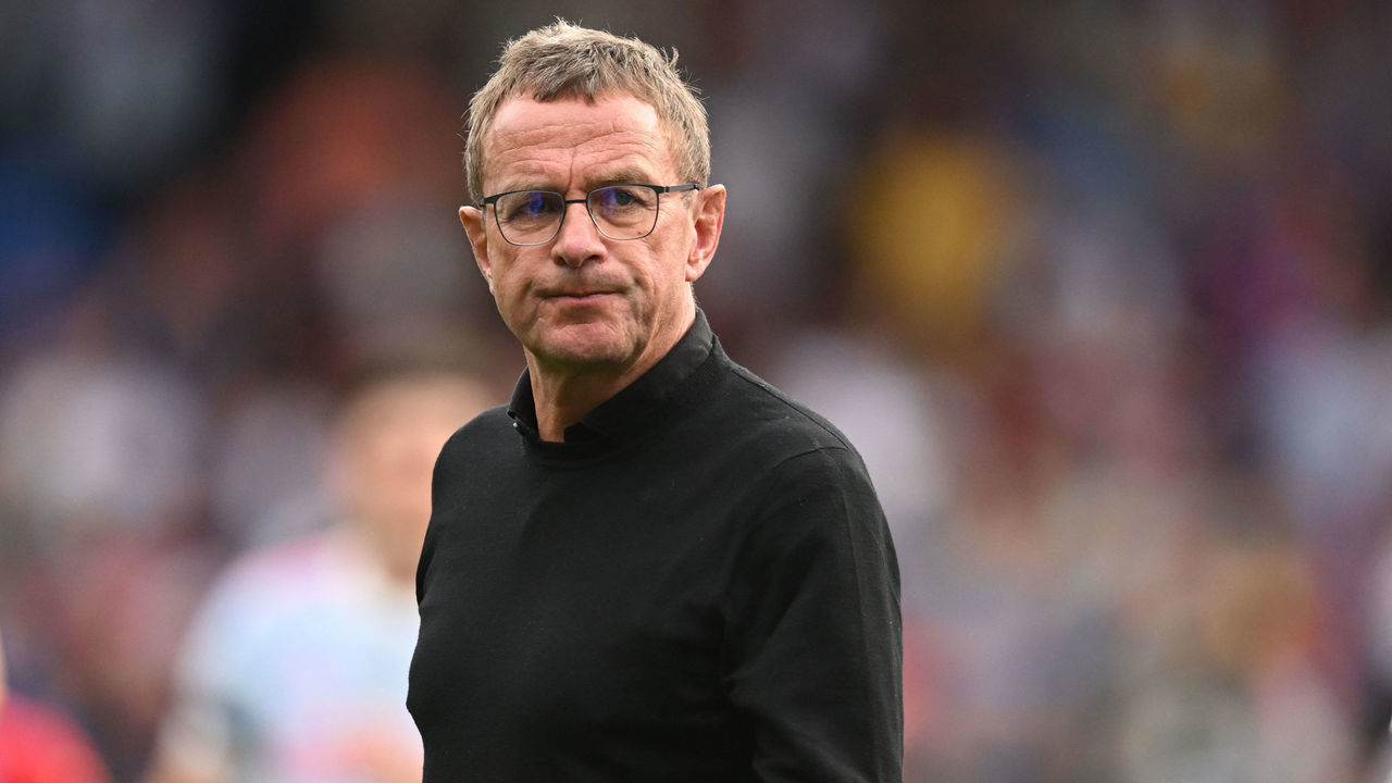 Manchester United German Interim head coach Ralf Rangnick walks on the pitch after the English Premier League football match between Crystal Palace and Manchester United at Selhurst Park in south London on May 22, 2022. - RESTRICTED TO EDITORIAL USE. No use with unauthorized audio, video, data, fixture lists, club/league logos or 'live' services. Online in-match use limited to 120 images. An additional 40 images may be used in extra time. No video emulation. Social media in-match use limited to 120 images. An additional 40 images may be used in extra time. No use in betting publications, games or single club/league/player publications.