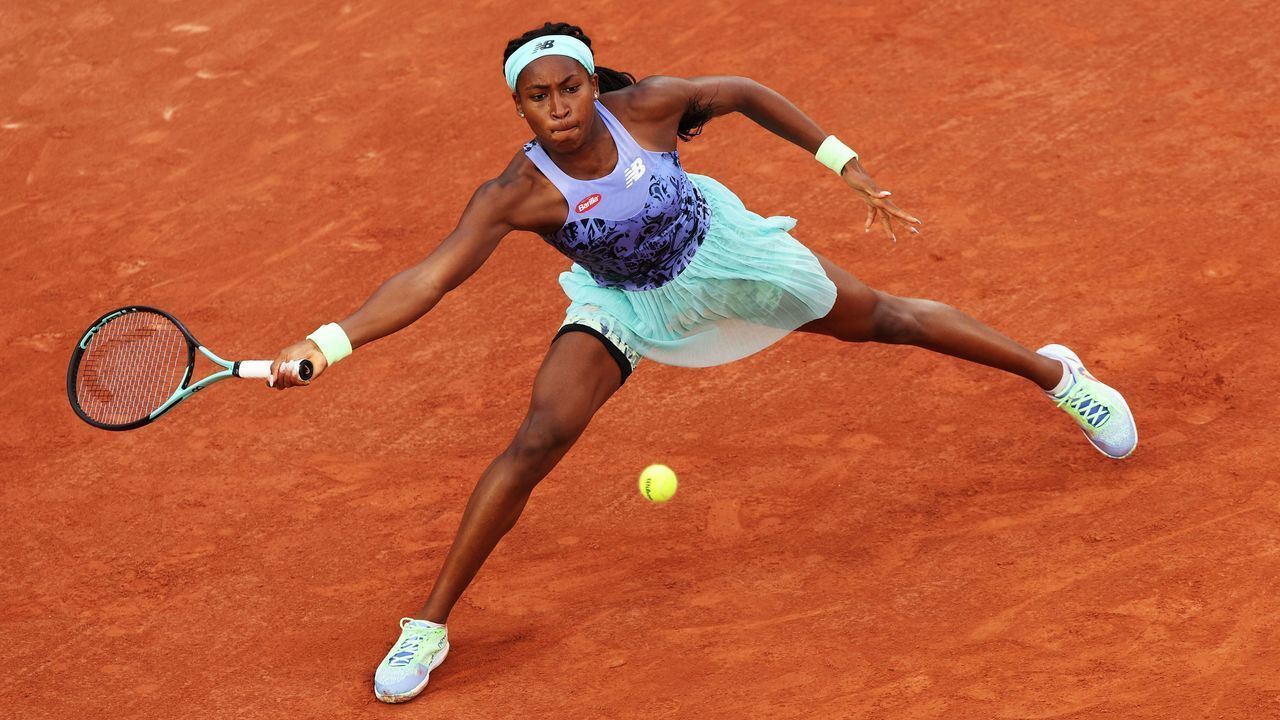 PARIS, FRANCE - MAY 22: Coco Gauff of the United States plays a forehand during her womens singles first round match against Rebecca Marino of Canada on day 1 of the 2022 French Open at Roland Garros on May 22, 2022 in Paris, France.