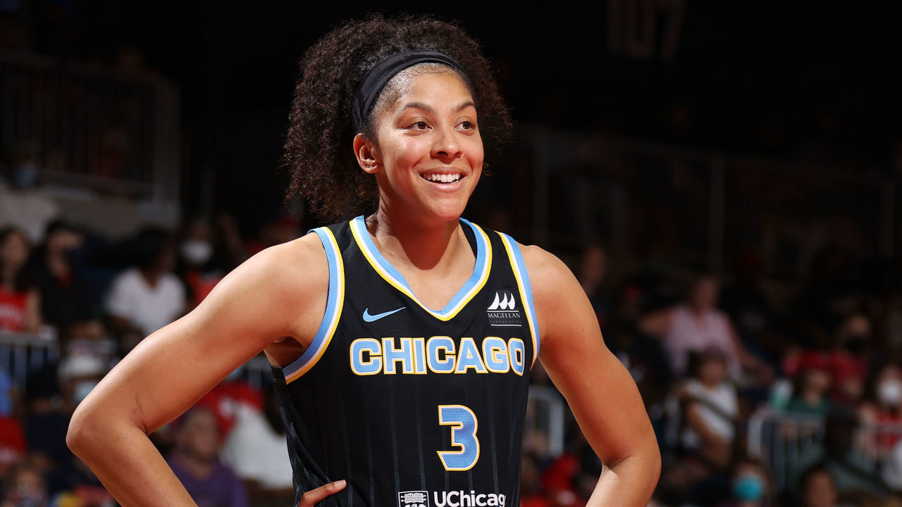 WASHINGTON, DC - MAY 22: Candace Parker #3 of the Chicago Sky looks on during the game against the Washington Mystics on May 22, 2022 at Capital One Arena in Washington, DC. Mandatory Copyright Notice: Copyright 2022 NBAE