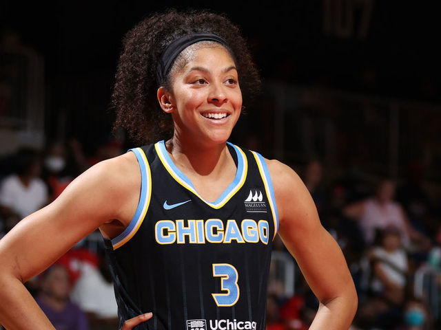 WASHINGTON, DC - MAY 22: Candace Parker #3 of the Chicago Sky looks on during the game against the Washington Mystics on May 22, 2022 at Capital One Arena in Washington, DC. Mandatory Copyright Notice: Copyright 2022 NBAE