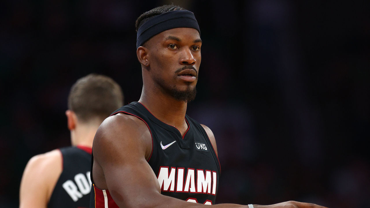 BOSTON, MASSACHUSETTS - MAY 21: Jimmy Butler #22 of the Miami Heat reacts in the second quarter against the Boston Celtics in Game Three of the 2022 NBA Playoffs Eastern Conference Finals at TD Garden on May 21, 2022 in Boston, Massachusetts. NOTE TO USER: User expressly acknowledges and agrees that, by downloading and/or using this photograph, User is consenting to the terms and conditions of the Getty Images License Agreement.