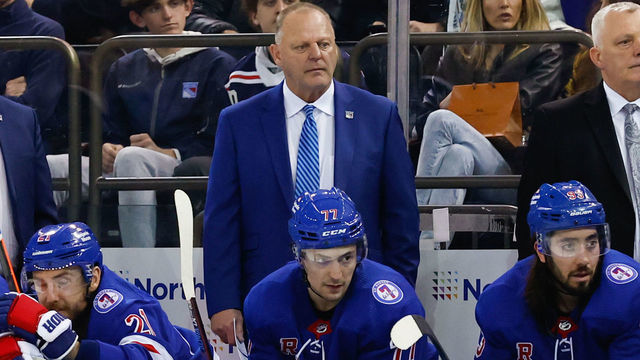 NEW YORK, NY - MAY 03: New York Rangers head coach Gerard Gallant during game 1 of the first round of the Stanley Cup Playoffs between the New York Rangers and the Pittsburgh Penguins on May 3, 2022 at Madison Square Garden in New York, New York.