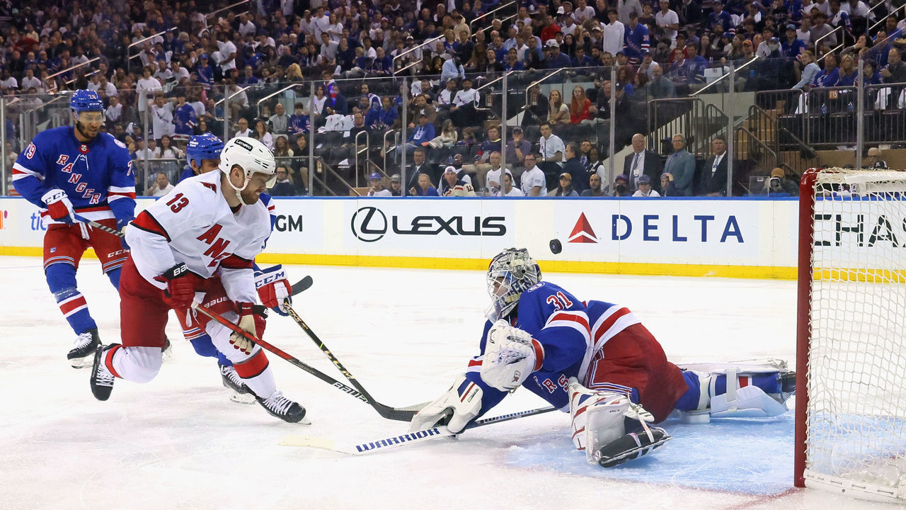 NEW YORK, NEW YORK - MAY 22: Igor Shesterkin #31 of the New York Rangers makes the second period save on Max Domi #13 of the Carolina Hurricanes in Game Three of the Second Round of the 2022 Stanley Cup Playoffs at Madison Square Garden on May 22, 2022 in New York City.