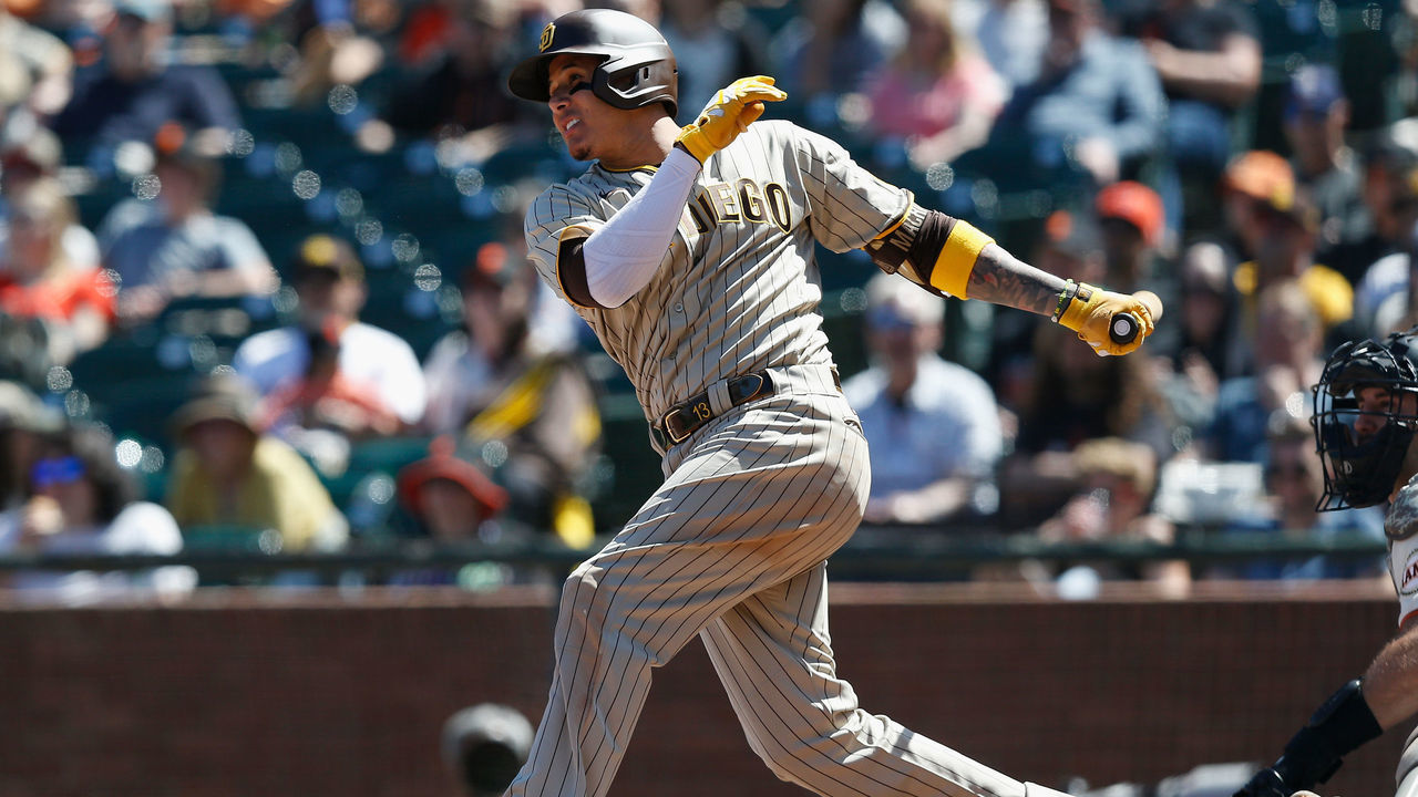 SAN FRANCISCO, CALIFORNIA - MAY 22: Manny Machado #13 of the San Diego Padres hits a double in the top of the seventh inning against the San Francisco Giants at Oracle Park on May 22, 2022 in San Francisco, California.