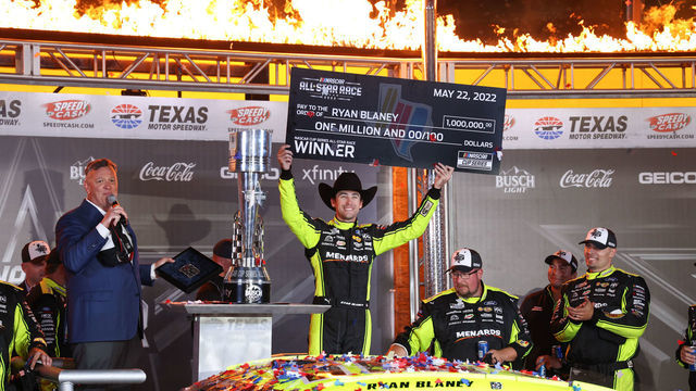 FORT WORTH, TX - MAY 22: Ryan Blaney (#12 Team Penske Menards/Wrangler Ford) celebrates in Victory Lane after winning the NASCAR Cup Series All-Star Race on May22, 2022 at Texas Motor Speedway in Fort Worth, TX.