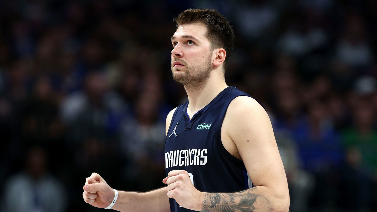 DALLAS, TEXAS - MAY 22: Luka Doncic #77 of the Dallas Mavericks reacts to a play during the fourth quarter against the Golden State Warriors in Game Three of the 2022 NBA Playoffs Western Conference Finals at American Airlines Center on May 22, 2022 in Dallas, Texas.