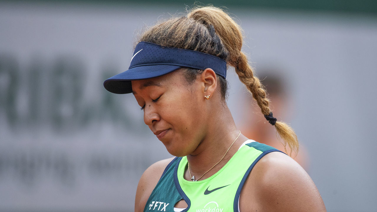 PARIS, FRANCE May 23. Naomi Osaka of Japan reacts during her loss against Amanda Anisimova of the United States on Court Suzanne Lenglen during the singles first round match at the 2022 French Open Tennis Tournament at Roland Garros on May 23rd 2022 in Paris, France.