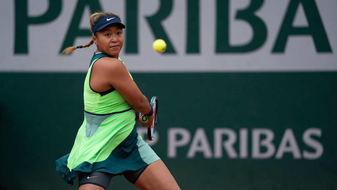 PARIS, FRANCE - MAY 23: Naomi Osaka of Japan in action against Amanda Anisimova (not seen) of USA in the womenâs first round match during the French Open tennis tournament at Roland âGarros in Paris, France on May 23, 2022.