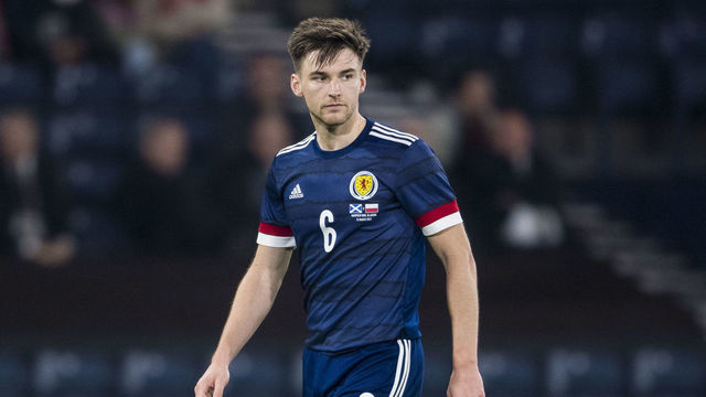 GLASGOW, SCOTLAND - MARCH 24: Kieran Tierney in action for Scotland during an International Friendly between Scotland and Poland at Hampden Park, on March 24, 2022, in Glasgow, Scotland.