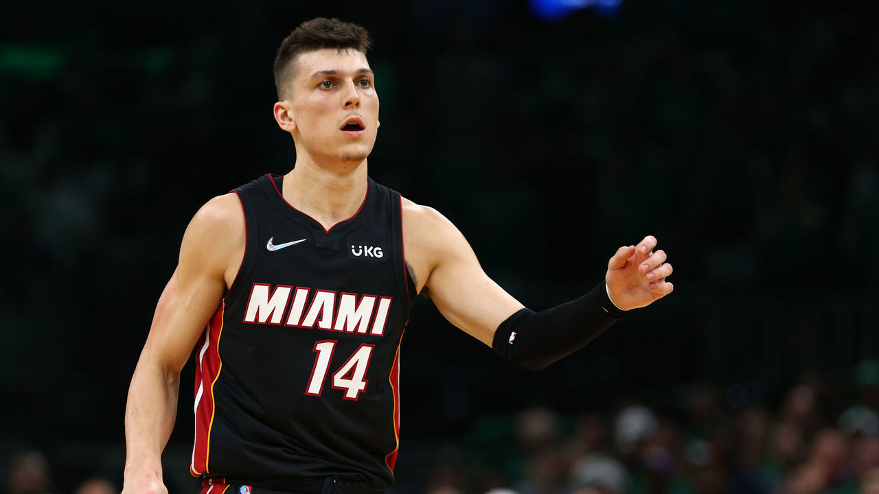 BOSTON, MASSACHUSETTS - MAY 21: Tyler Herro #14 of the Miami Heat reacts in the third quarter against the Boston Celtics in Game Three of the 2022 NBA Playoffs Eastern Conference Finals at TD Garden on May 21, 2022 in Boston, Massachusetts. NOTE TO USER: User expressly acknowledges and agrees that, by downloading and/or using this photograph, User is consenting to the terms and conditions of the Getty Images License Agreement.