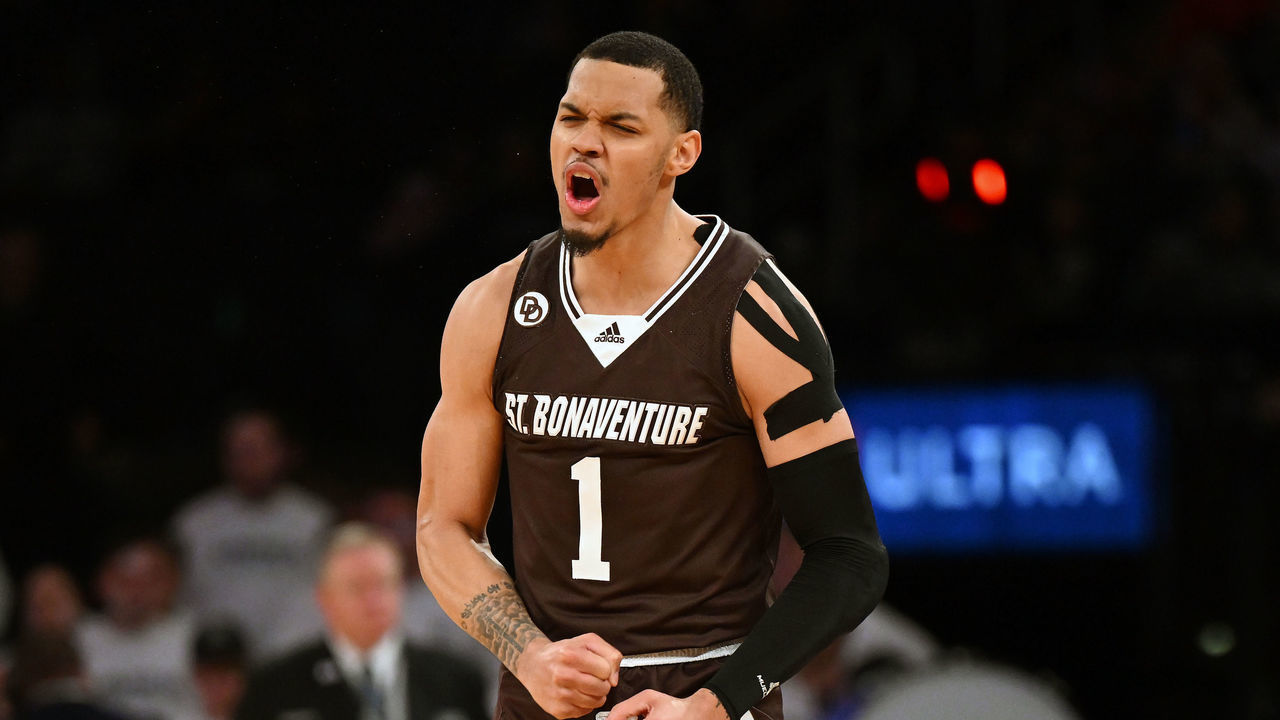 NEW YORK, NEW YORK - MARCH 29: Dominick Welch #1 of the St. Bonaventure Bonnies celebrates during the game against the Xavier Musketeers during the NIT Semifinals at Madison Square Garden on March 29, 2022 in New York City.