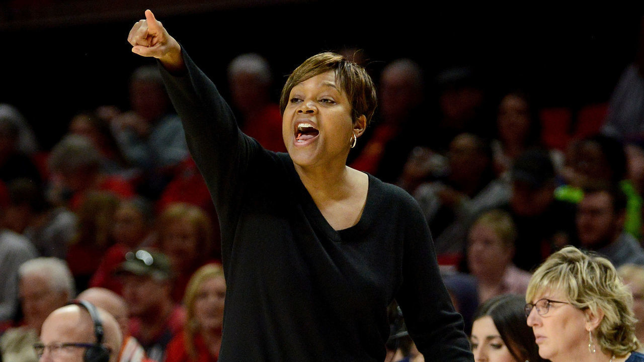 COLLEGE PARK, MD - JANUARY 20: Head Coach Coquese Washington of the Penn State Lady Lions watches the game against the Maryland Terrapins at Xfinity Center on January 20, 2019 in College Park, Maryland.