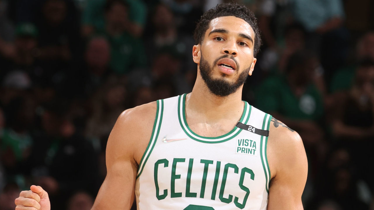 BOSTON, MA - MAY 23: Jayson Tatum #0 of the Boston Celtics celebrates during Game 4 of the 2022 NBA Playoffs Eastern Conference Finals on May 23, 2022 at the TD Garden in Boston, Massachusetts. Mandatory Copyright Notice: Copyright 2022 NBAE