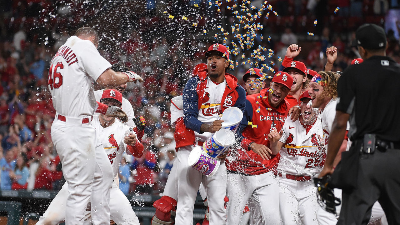 ST LOUIS, MO - MAY 23: Paul Goldschmidt #46 of the St. Louis Cardinals is congratulated by teammates after hitting a walk-off grand slam against the Toronto Blue Jays during the tenth inning at Busch Stadium on May 23, 2022 in St Louis, Missouri.