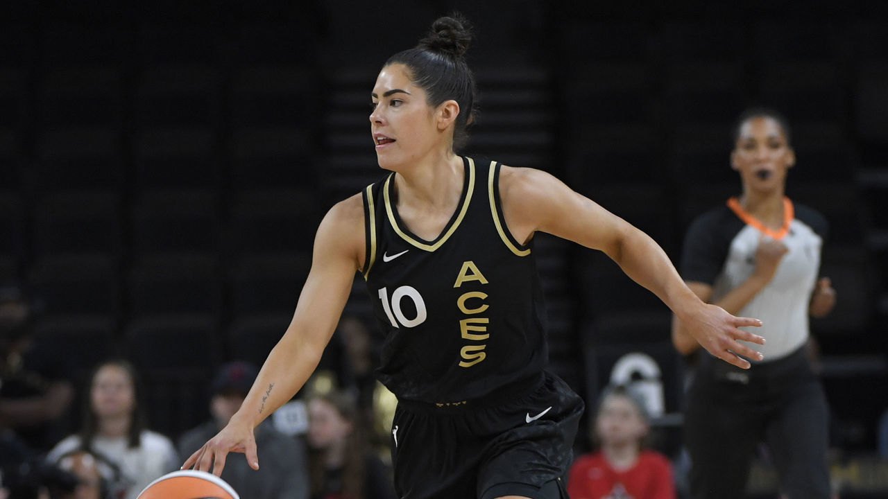 LAS VEGAS, NV - MAY 23: Kelsey Plum #10 of the Las Vegas Aces dribbles the ball during the game against the Los Angeles Spark on May 23, 2022 at Michelob ULTRA Arena in Las Vegas, Nevada. Mandatory Copyright Notice: Copyright 2022 NBAE