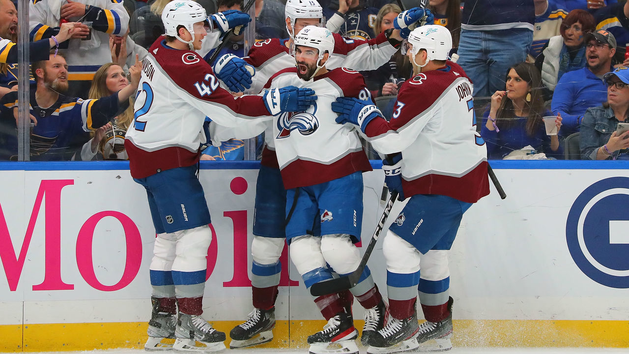 ST LOUIS, MO - MAY 23: Nazem Kadri #91 of the Colorado Avalanche celebrates after scoring a goal against the St. Louis Blues in the second period during Game Four of the Second Round of the 2022 Stanley Cup Playoffs at Enterprise Center on May 23, 2022 in St Louis, Missouri.