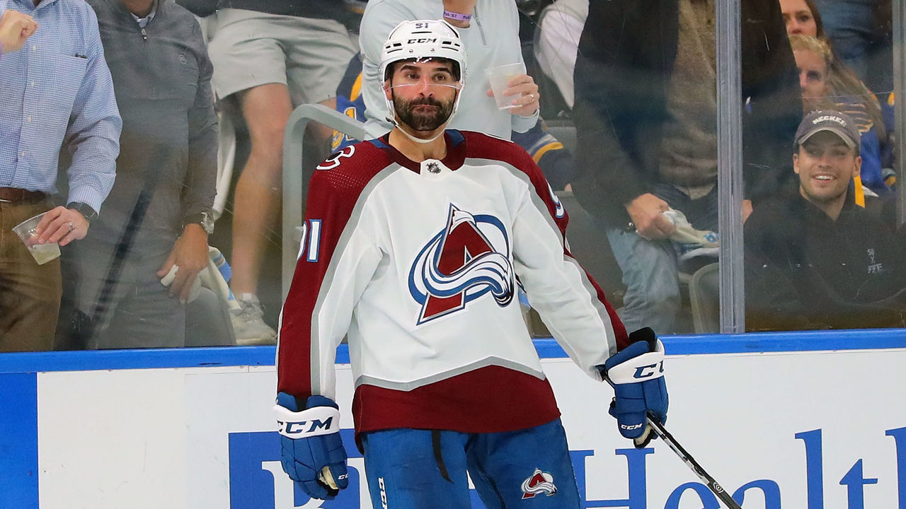 ST LOUIS, MO - MAY 23: (EDITORS NOTE: Image contains obscene gesture) Nazem Kadri #91 of the Colorado Avalanche celebrates after scoring his second goal against the St. Louis Blues in the second period during Game Four of the Second Round of the 2022 Stanley Cup Playoffs at Enterprise Center on May 23, 2022 in St Louis, Missouri.
