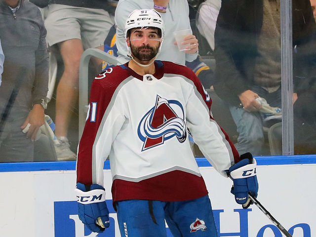 ST LOUIS, MO - MAY 23: (EDITORS NOTE: Image contains obscene gesture) Nazem Kadri #91 of the Colorado Avalanche celebrates after scoring his second goal against the St. Louis Blues in the second period during Game Four of the Second Round of the 2022 Stanley Cup Playoffs at Enterprise Center on May 23, 2022 in St Louis, Missouri.