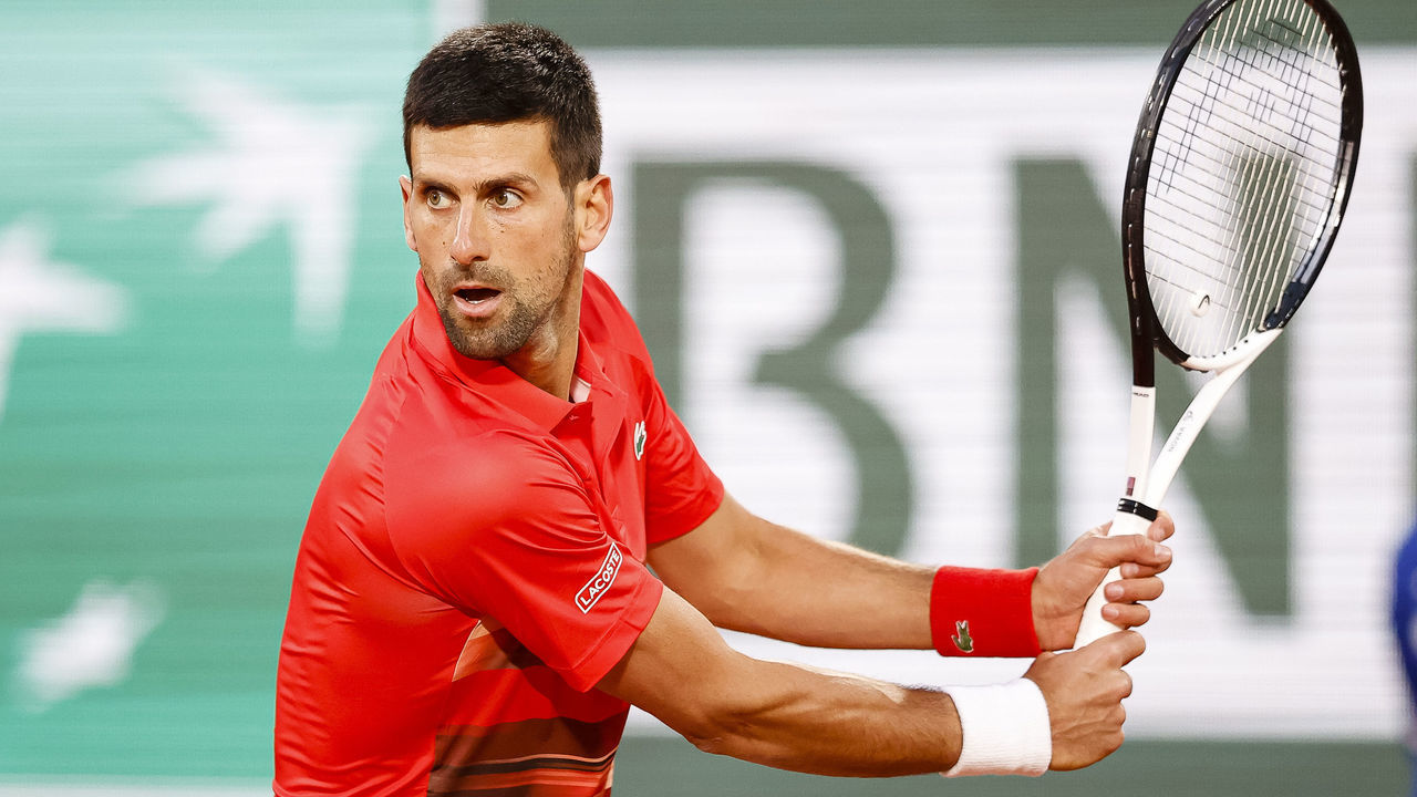 PARIS, FRANCE - MAY 23: Novak Djokovic of Serbia in action against Yoshihito Nishioka Japan during the 2022 French Open at Roland Garros on May 23, 2022 in Paris, France.