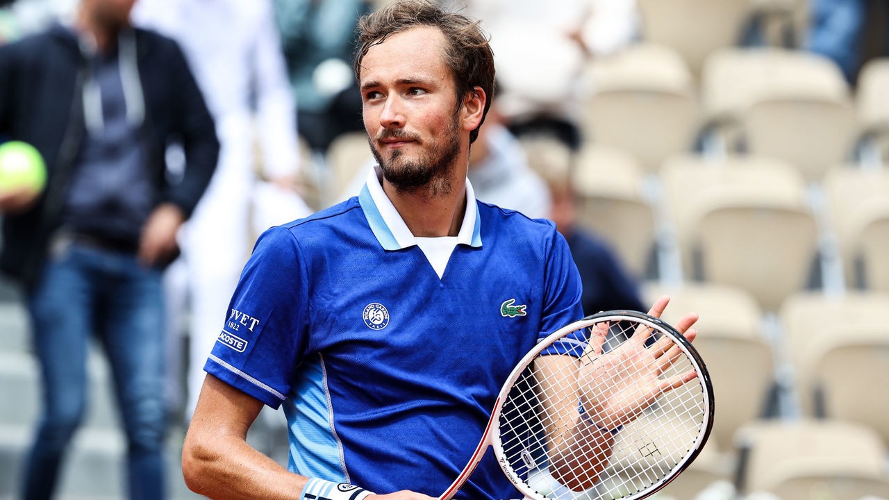 PARIS, FRANCE - MAY 24: Daniil Medvedev celebrates the victory in the Men's Singles First Round match against Facundo Bagnis of Argentina during day three of the French Open at Roland Garros on May 24, 2022 in Paris, France.