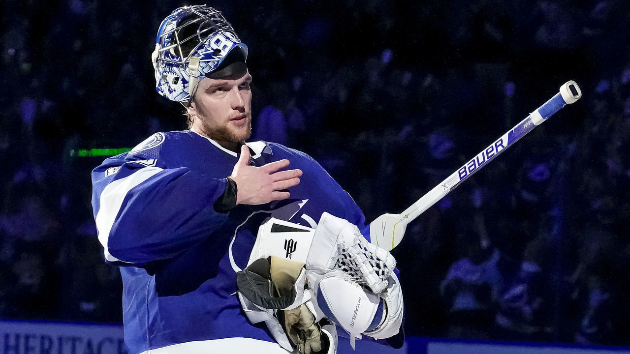 TAMPA, FL - MAY 22: Tampa Bay Lightning goaltender Andrei Vasilevskiy (88) man of the game during the NHL Hockey game 3 of the 2nd round of the Stanley Cup Playoffs between Tampa Bay Lightning and the Florida Panthers on May 22, 2022 at Amalie Arena in Tampa Florida