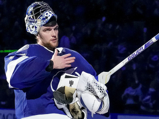 TAMPA, FL - MAY 22: Tampa Bay Lightning goaltender Andrei Vasilevskiy (88) man of the game during the NHL Hockey game 3 of the 2nd round of the Stanley Cup Playoffs between Tampa Bay Lightning and the Florida Panthers on May 22, 2022 at Amalie Arena in Tampa Florida