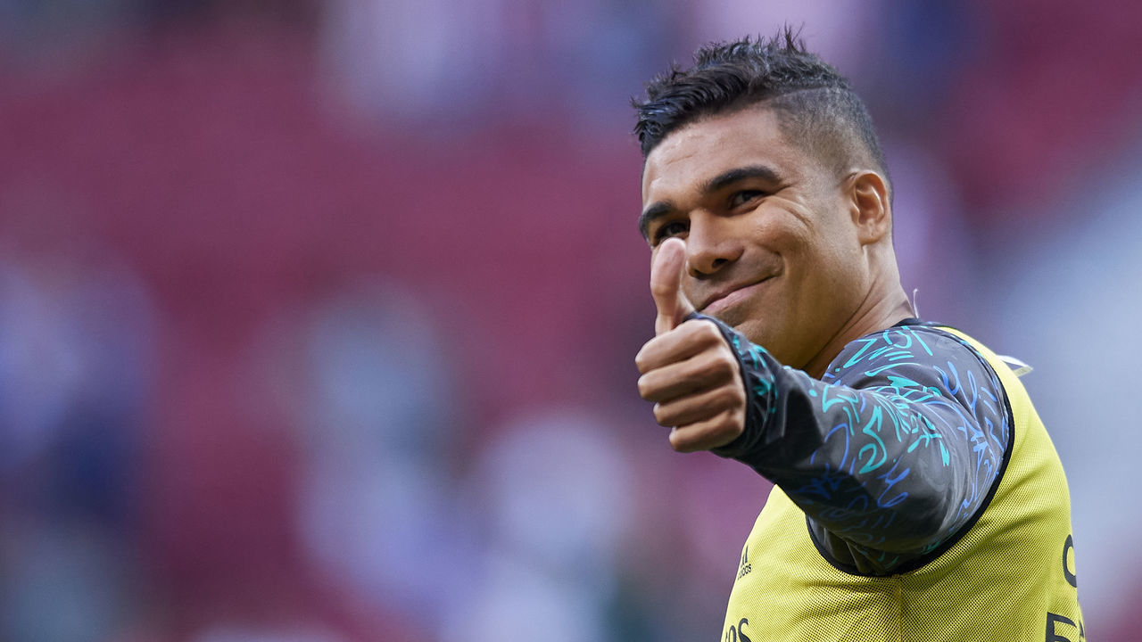 Casemiro of Real Madrid during the warm-up before the La Liga Santander match between Club Atletico de Madrid and Real Madrid CF at Estadio Wanda Metropolitano on May 8, 2022 in Madrid, Spain.