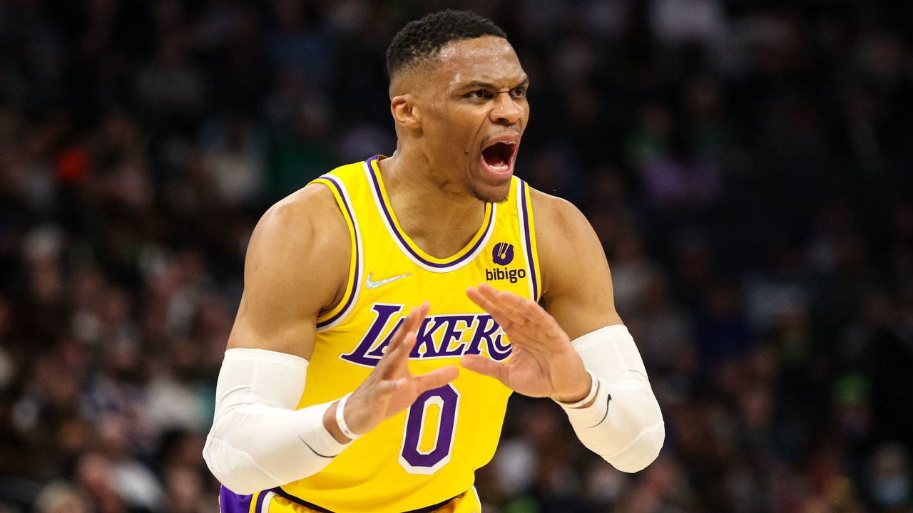 MINNEAPOLIS, MN - MARCH 16: Russell Westbrook #0 of the Los Angeles Lakers reacts after getting called for a foul against the Minnesota Timberwolves in the fourth quarter at Target Center on March 16, 2022 in Minneapolis, Minnesota. The Timberwolves defeated the Lakers 124-104.
