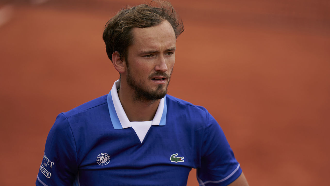 PARIS, FRANCE - MAY 24: Daniil Medvedev of Russia looks on against Facundo Bagnis of Argentina in their Men's Singles first round match during day three of the 2022 French Open at Roland Garros on May 24, 2022 in Paris, France.