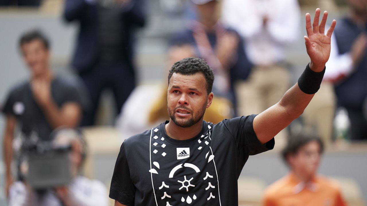 PARIS, FRANCE - MAY 24: Jo-Wilfried Tsonga of France reacts after losing against Casper Ruud of Norway in their first round match during day three of the 2022 French Open at Roland Garros on May 24, 2022 in Paris, France.