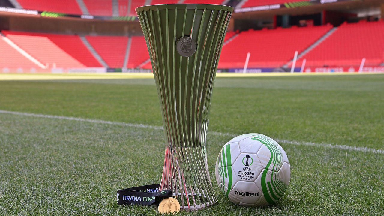 TIRANA, ALBANIA - MAY 23: The UEFA Europa Conference League Trophy, Winner Medal and Molten Official Match Ball are seen at the Arena Kombetare on May 23, 2022 in Tirana, Albania. AS Roma will face Feyenoord in the UEFA Conference League final on May 25, 2022.
