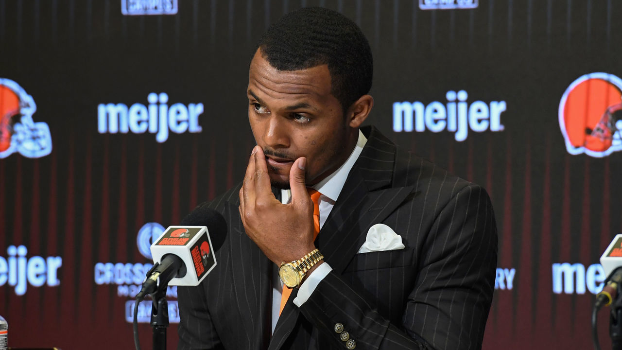 BEREA, OHIO - MARCH 25: Quarterback Deshaun Watson of the Cleveland Browns listens to questions during a press conference introducing him to the Cleveland Browns at CrossCountry Mortgage Campus on March 25, 2022 in Berea, Ohio.