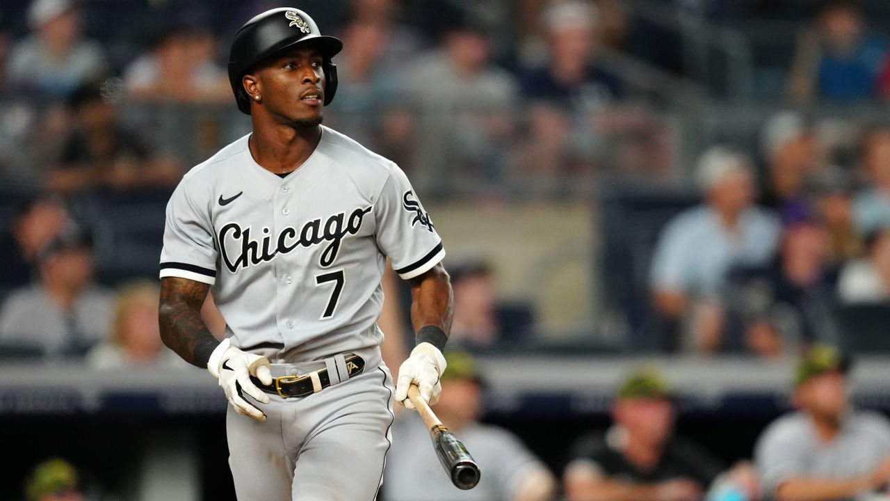 NEW YORK, NY - MAY 22: Tim Anderson #7 of the Chicago White Sox hits a three run home run in the eighth inning during the game between the Chicago White Sox and the New York Yankees at Yankee Stadium on Sunday, May 22, 2022 in New York, New York.