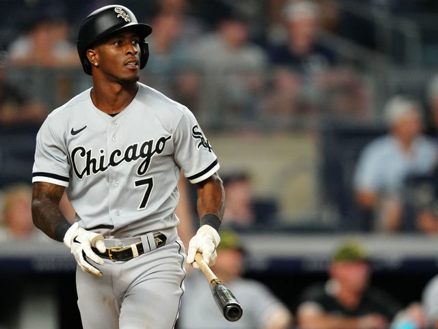 NEW YORK, NY - MAY 22: Tim Anderson #7 of the Chicago White Sox hits a three run home run in the eighth inning during the game between the Chicago White Sox and the New York Yankees at Yankee Stadium on Sunday, May 22, 2022 in New York, New York.