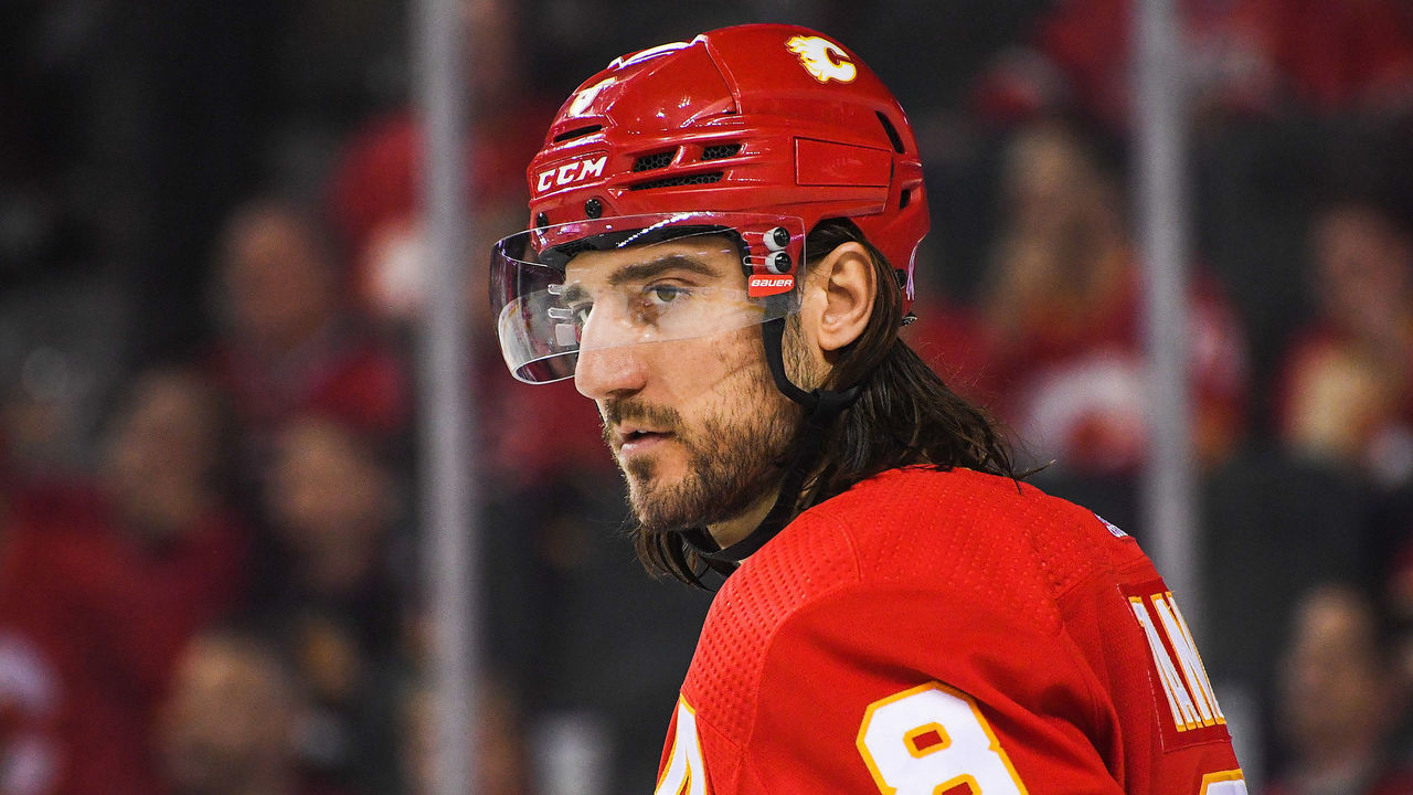 CALGARY, AB - MAY 11: Christopher Tanev #8 of the Calgary Flames in action against the Dallas Stars during Game Five of the First Round of the 2022 Stanley Cup Playoffs at Scotiabank Saddledome on May 11, 2022 in Calgary, Alberta, Canada. The Flames defeated the Stars 3-1.