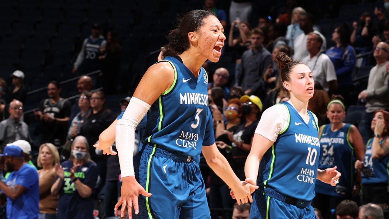 MINNEAPOLIS, MN - MAY 24: The Aerial Powers #3 of the Minnesota Lynx and Jessica Shepard #10 of the Minnesota Lynx celebrate during the game against the New York Liberty on MAY 24, 2022 at Target Center in Minneapolis, Minnesota. Mandatory Copyright Notice: Copyright 2022 NBAE