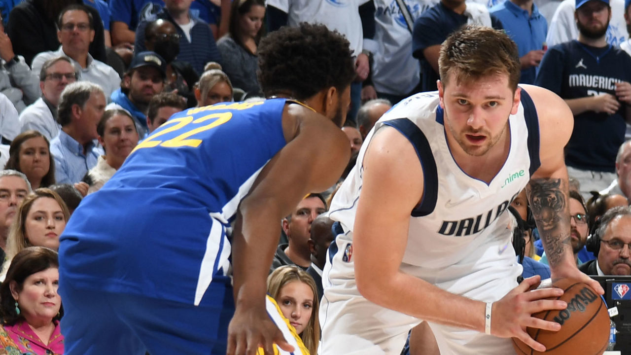DALLAS, TX - MAY 24: Luka Doncic #77 of the Dallas Mavericks handles the ball against the Golden State Warriors during Game 4 of the 2022 NBA Playoffs Western Conference Finals on May 24, 2022 at the American Airlines Center in Dallas, Texas. Mandatory Copyright Notice: Copyright 2022 NBAE