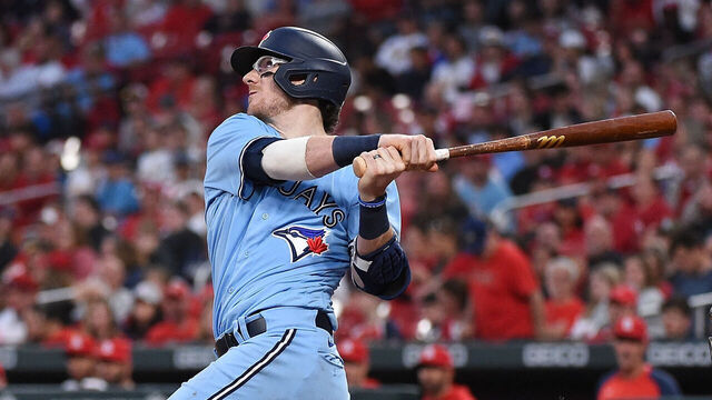 ST LOUIS, MO - MAY 24: Danny Jansen #9 of the Toronto Blue Jays hits a three run home run against the St. Louis Cardinals during the fourth inning at Busch Stadium on May 24, 2022 in St Louis, Missouri.
