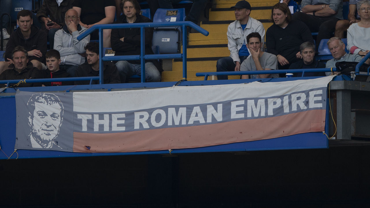 LONDON, ENGLAND - APRIL 24: Chelsea owner Roman Abramovich on a banner in the Matthew Harding stand during the Premier League match between Chelsea and West Ham United at Stamford Bridge on April 24, 2022 in London, England.