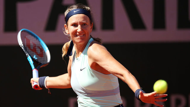 PARIS, FRANCE - MAY 25: Victoria Azarenka of Belarus plays a forehand against Andrea Petkovic of Germany during the Women's Singles Round 2 on Day Four of The 2022 French Open at Roland Garros on May 25, 2022 in Paris, France.