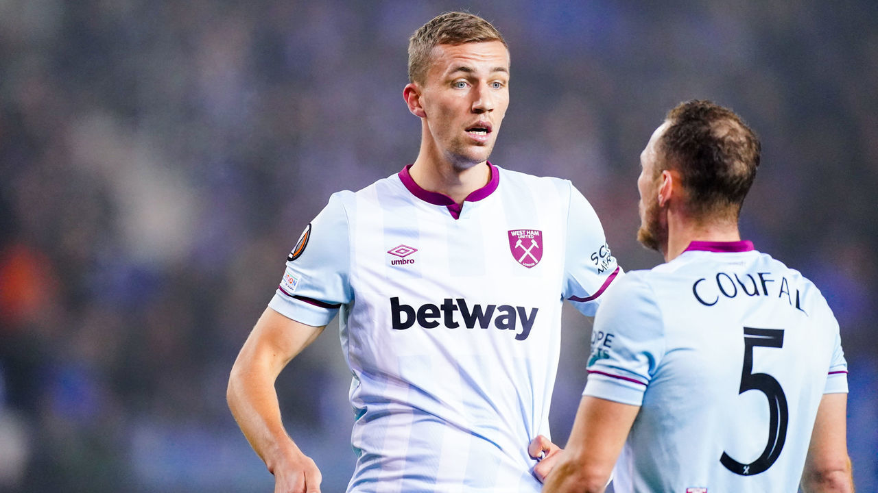 GENK, BELGIUM - NOVEMBER 4: Tomas Soucek of West Ham United talks to Vladimir Coufal of West Ham United during the Group H - UEFA Europa League match between KRC Genk and West Ham United at Cegeka Arena on November 4, 2021 in Genk, Belgium