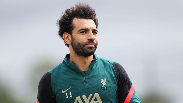 KIRKBY, ENGLAND - MAY 25: Mohamed Salah of Liverpool looks on during a training session at AXA Training Centre on May 25, 2022 in Kirkby, England.