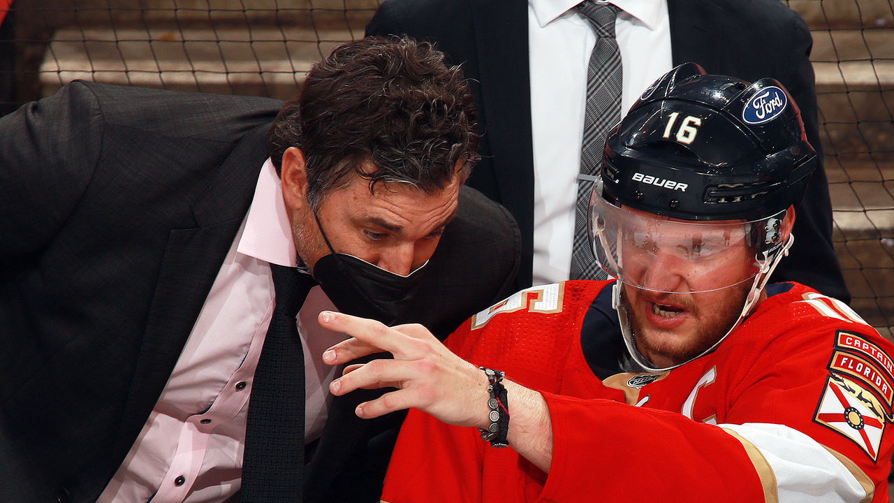 SUNRISE, FL - APRIL 20: Aleksander Barkov #16 of the Florida Panthers chats with Assistant Coach Andrew Brunette during a break in the action against the Columbus Blue Jackets at the BB&T Center on April 20, 2021 in Sunrise, Florida.