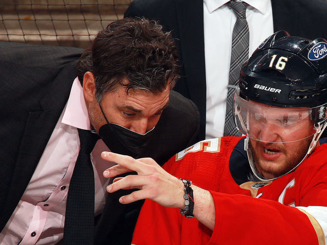 SUNRISE, FL - APRIL 20: Aleksander Barkov #16 of the Florida Panthers chats with Assistant Coach Andrew Brunette during a break in the action against the Columbus Blue Jackets at the BB&T Center on April 20, 2021 in Sunrise, Florida.