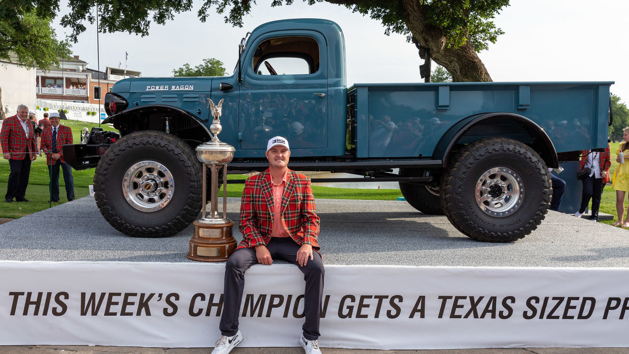 FORTH WORTH, TX - MAY 30: Jason Kokrak poses with trophy and sponsors 75th anniversary truck after winning the Charles Schwab Challenge on May 30, 2021 at Colonial Country Club in Fort Worth, TX.