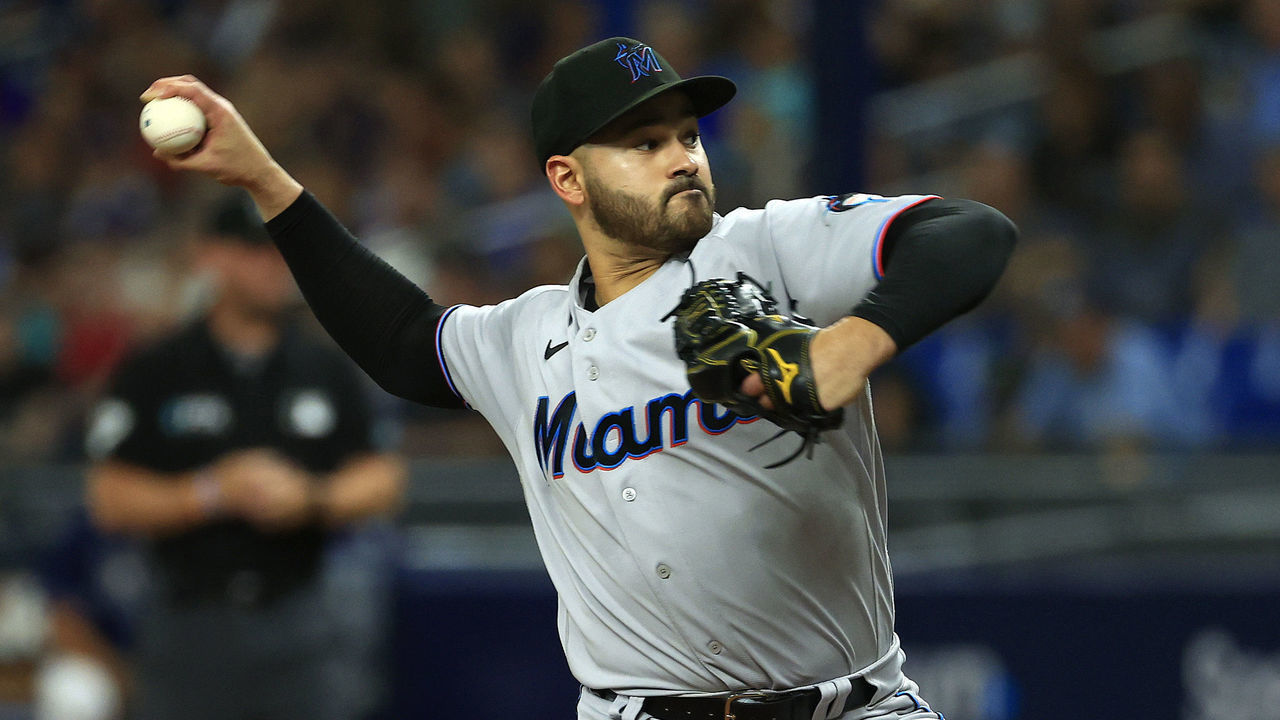 ST PETERSBURG, FLORIDA - MAY 24: Pablo Lopez #49 of the Miami Marlins pitches during a game against the Tampa Bay Rays at Tropicana Field on May 24, 2022 in St Petersburg, Florida.