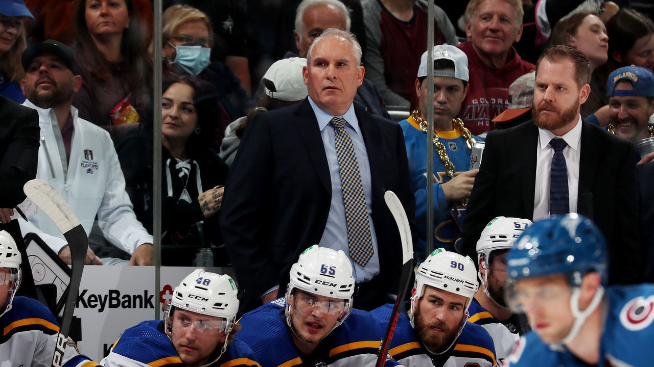 DENVER, COLORADO - MAY 19: Craig Berube, head coach of the St. Louis Blues, looks on during the first period against the Colorado Avalanche in Game Two of the Second Round of the 2022 Stanley Cup Playoffs at Ball Arena on May 19, 2022 in Denver, Colorado.